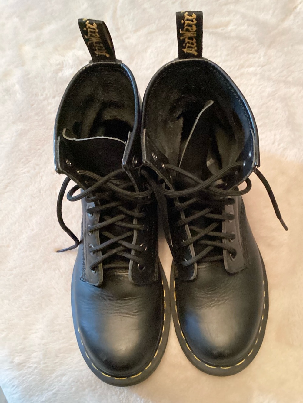 Dr. Martens Black Leather Lace-Up Combat Boots with Yellow Stitching - Size 7